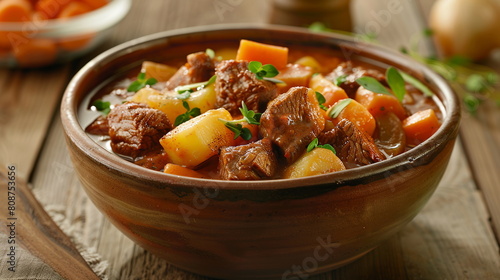Chunky beef stew with potatoes, carrots, and onions in a rustic bowl.