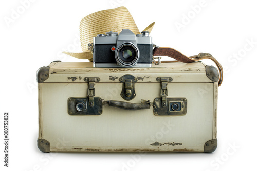 A vintage suitcase with a camera and a straw hat symbolizing travel and adventure