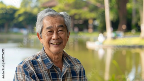 Portrait of Asian senior adult man with lake on background