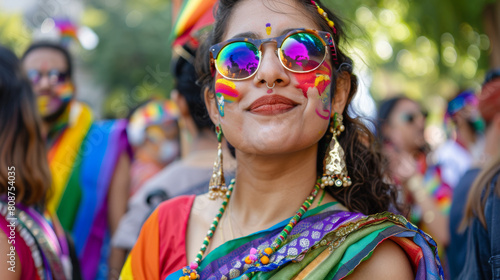 A serene Pride celebration in New Delhi, participants wearing traditional saris with rainbow colors, historic landmarks in the background, a blend of cultural pride and modern advocacy, Photography, c photo