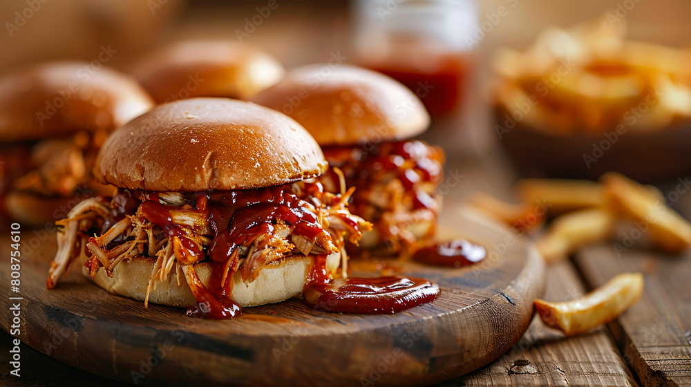 Classic BBQ pulled chicken sandwiches with tangy barbecue sauce on toasted buns. Classic BBQ pulled chicken sandwiches with tangy barbecue sauce on toasted buns.