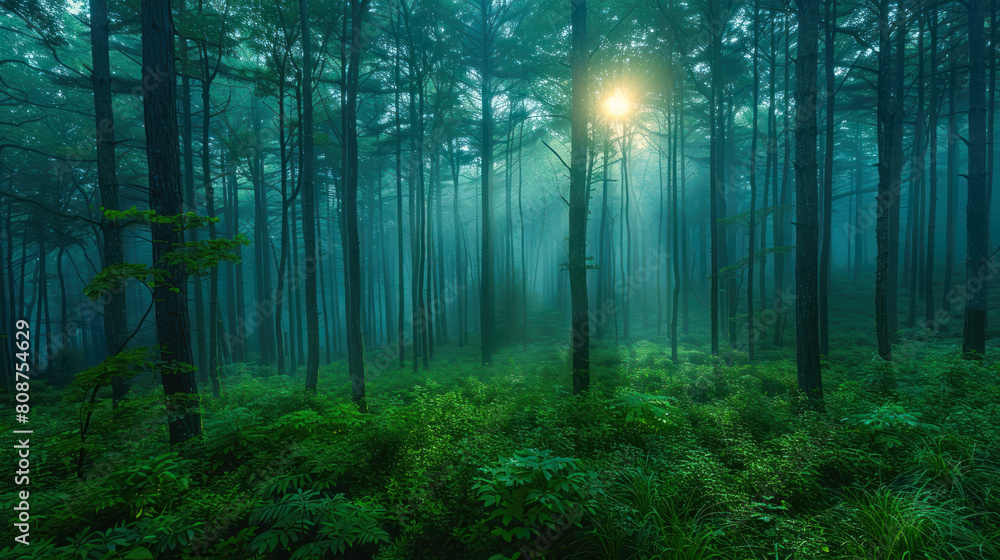 Mystical Dawn: Forest Enshrouded in Ethereal Mist