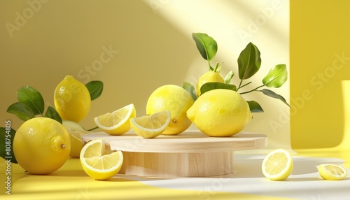 A bright lemon-themed podium, set against a yellow backdrop with natural wood accents, ideal for showcasing summer beauty products or food presentations