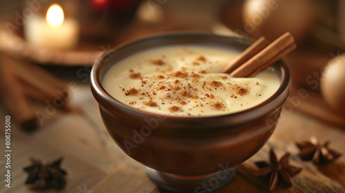 Classic eggnog served in a punch bowl with cinnamon sticks and nutmeg. photo