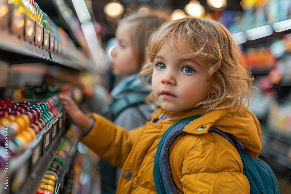 A little girl wearing a yellow jacket is attentively observing an object in a store