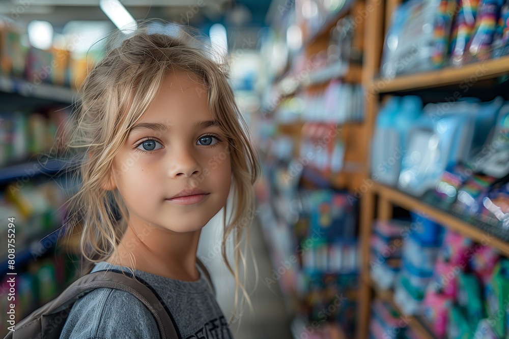 A young girl stands in front of a store shelf, selecting school supplies A young girl stands in front of a store shelf, selecting school supplies