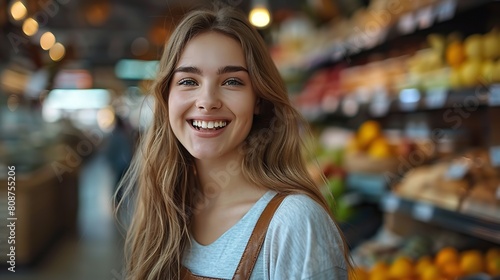 Young, gorgeous salesperson with a smile cashier. Generative Ai photo
