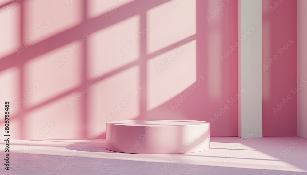 A minimalist pink podium in a modern studio setting, featuring geometric shapes and soft lighting for contemporary product showcases A minimalist pink podium in a modern studio setting, featuring geometric shapes and soft lighting for contemporary product showcases