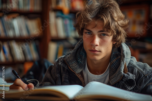 Teenager sitting at a table, studying a book at home