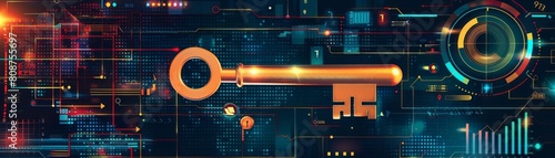 A golden key unlocks a door in a digital world. The key is surrounded by a glowing aura. The background is a dark blue circuit board with glowing lines of code