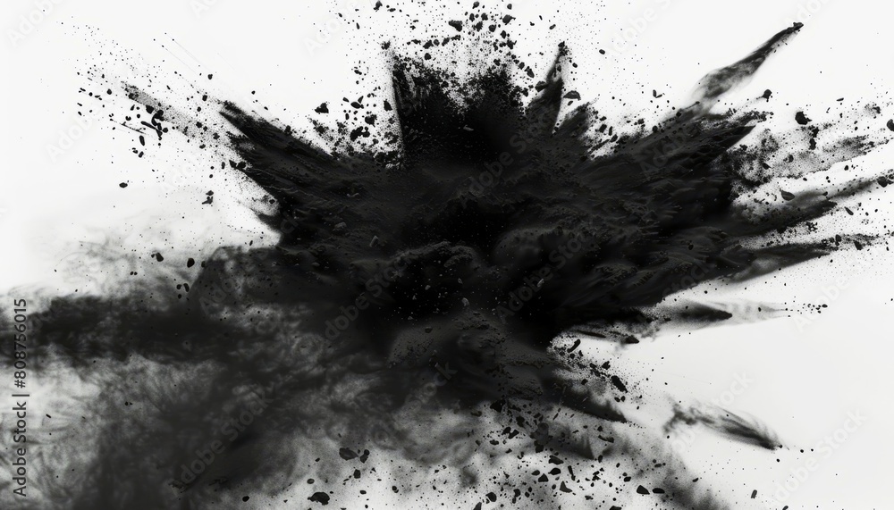 A dynamic scene of black charcoal powder exploding against a white background, creating an abstract and artistic visual effect suitable for dramatic presentations A dynamic scene of black charcoal powder exploding against a white background, creating an abstract and artistic visual effect suitable for dramatic presentations