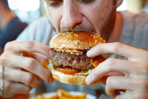 closeup view of man eating juicy burger with both hands at restaurant table fast food indulgence