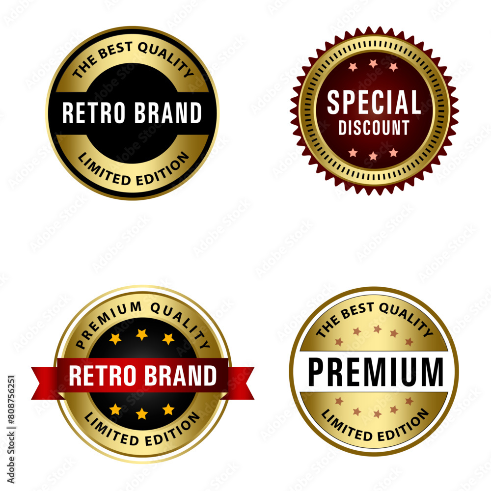 Set of Quality Badges and Labels Design Elements. Golden badge labels and laurel retro vintage collection. Emblem premium luxury logo in retro style template badges collection. Set of Quality Badges and Labels Design Elements. Golden badge labels and laurel retro vintage collection. Emblem premium luxury logo in retro style template badges collection.