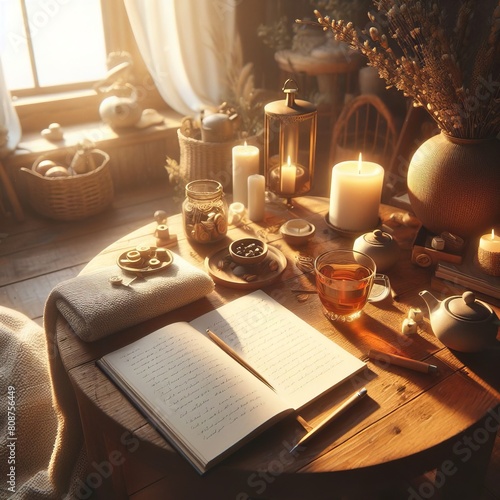 Cozy Autumn Morning with Tea, Candles, and a Book on a Wooden Table in Sunlight