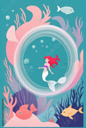 Watercolor composition of cute mermaid under in the marine life.