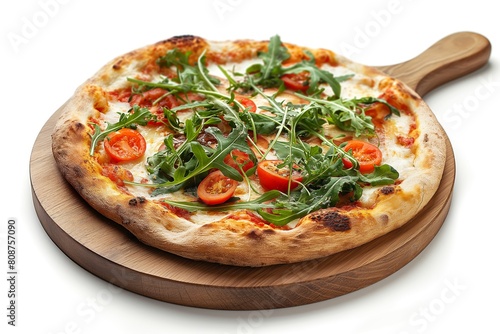 A delicious pizza topped with melted cheese, fresh arugula, and sliced cherry tomatoes, served on a round wooden board
