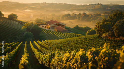 A photo featuring a picturesque vineyard bathed in golden sunlight. Highlighting the neat rows of grapevines and rustic winery buildings  while surrounded by rolling hillsides