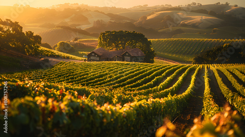 A photo featuring a picturesque vineyard bathed in golden sunlight. Highlighting the neat rows of grapevines and rustic winery buildings, while surrounded by rolling hillsides photo