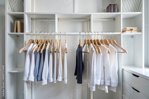 Close-up of white hangers on a white closet. The concept of order and storage in the house. © Юлия Клюева