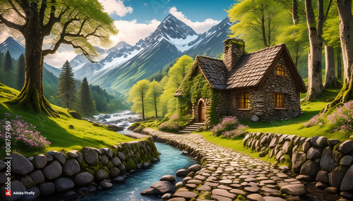Beautiful cozy fantasy stone cottage in a spring forest aside a cobblestone path and a babbling brook. Stone wall. Mountains in the distance. Magical tone and feel, hyper realistic. photo