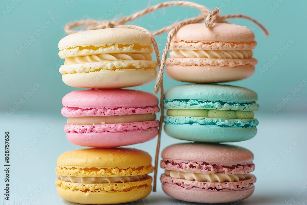 colorful stacks of creamy french macarons tied with twine delightful sweet treat dessert