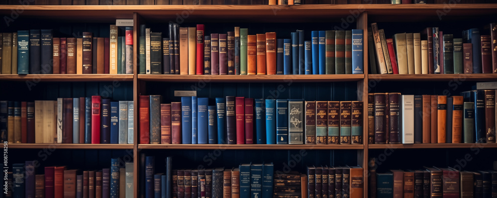 Bookshelves with various books in a library, generated ai Bookshelves with various books in a library, generated ai