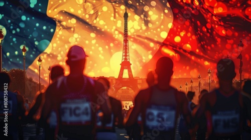 Olympic games 2024 in Paris France. Athletes running, sports event, French flag and Eiffel tower background 
