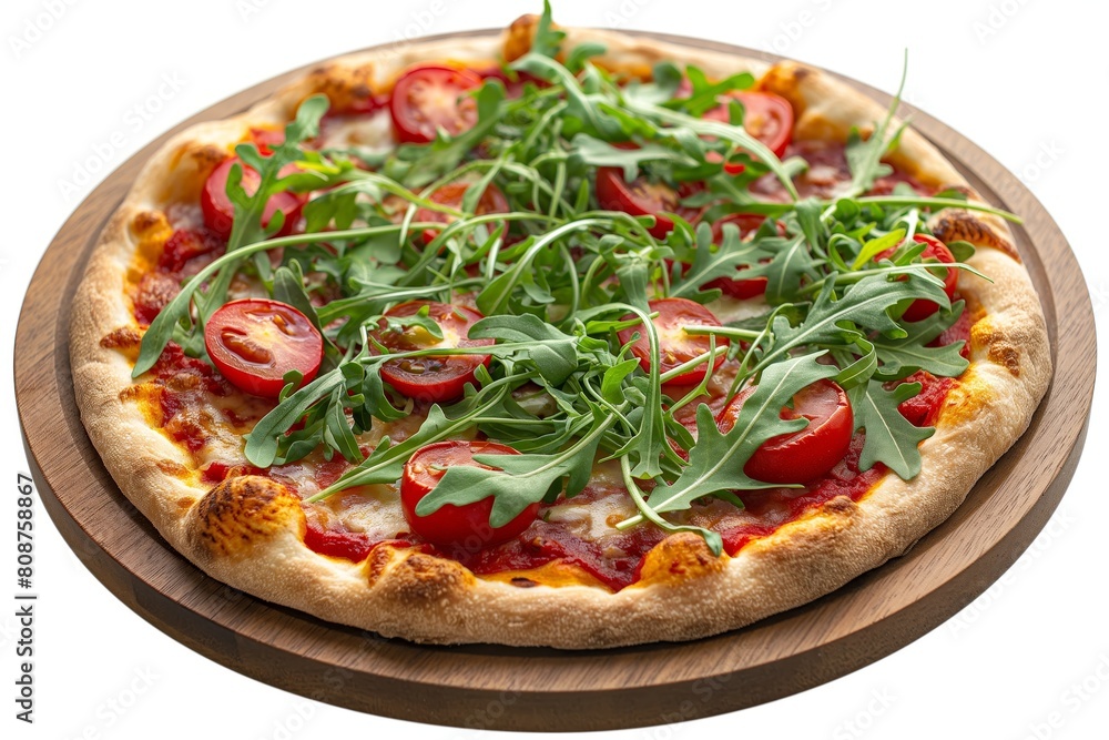 Close-up view of a delicious pizza with arugula and cherry tomatoes on a wooden serving platter isolated on a white background