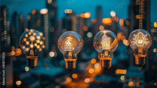 A group of light bulbs featuring a city skyline and building icons inside, representing innovative ideas in business,Generative AI illustration.