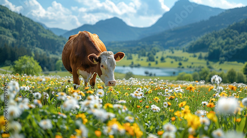 Cow Standing in Flower Field photo