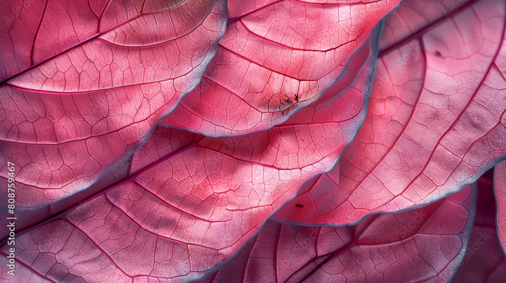 Fototapeta premium Macro shot showcasing intricate details of overlapping pink leaves with vibrant textures and veining patterns, creating a mesmerizing natural abstract