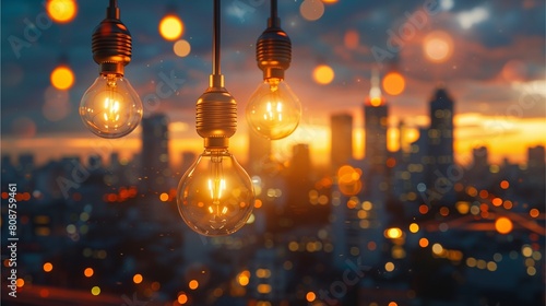 Group of light bulbs with city skyline as background It symbolizes creativity and business growth. Blurred background,Generative AI illustration.