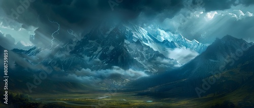 Majestic Mountain Landscape with Stormy Clouds Towering Above Rugged Valley
