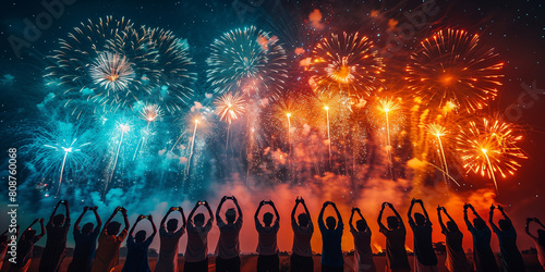 Silhouetted group celebrates Independence Day of India in front of fireworks photo