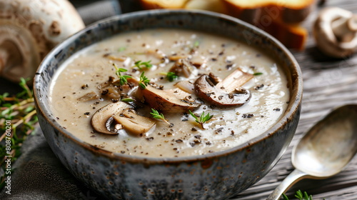 Creamy mushroom soup with wild mushrooms and thyme in a bowl.