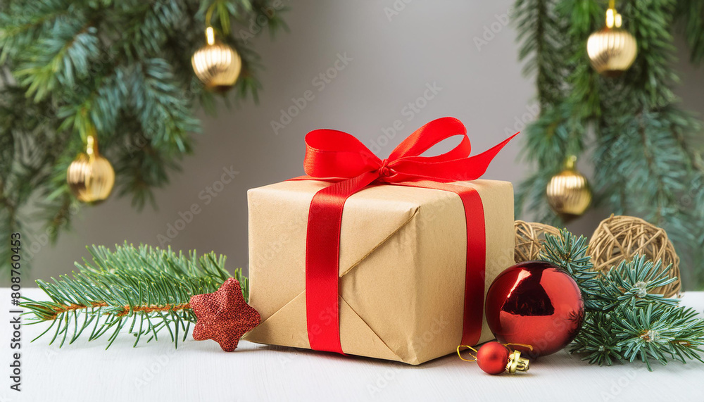 Christmas tree gift box with red ribbon and decorations, ornament, copy space Christmas tree gift box with red ribbon and decorations, ornament, copy space