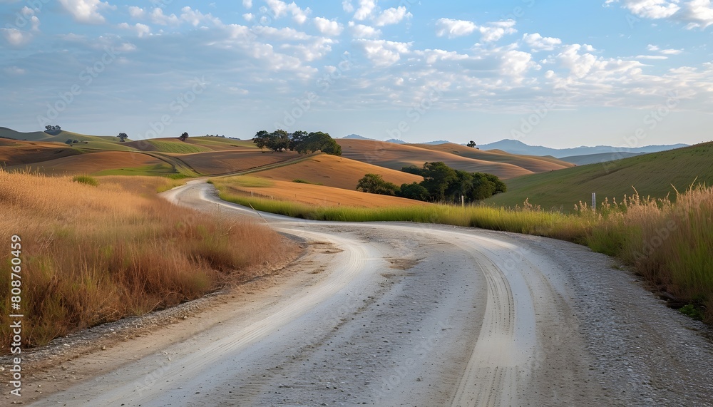 Winding Gravel Road through Rolling Hills and Open Fields