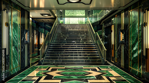 Art Deco-inspired entryway with a green and black marble staircase geometric patterns and sleek metal railings photo