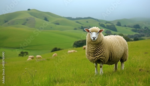 Solitary Sheep on Rolling Green Hills in Serene Landscape