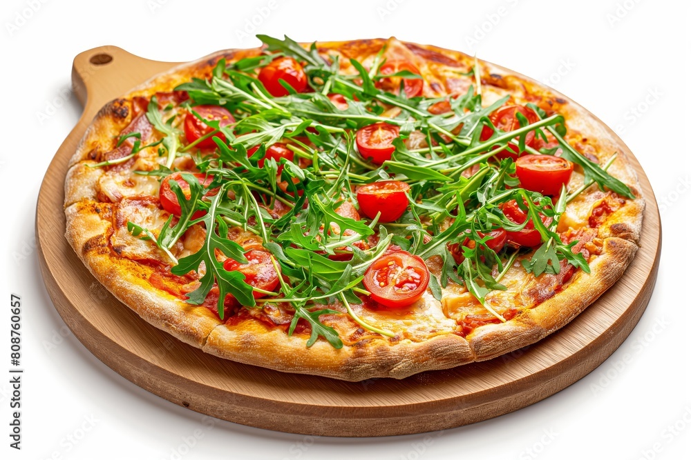 Italian pizza topped with fresh arugula, cherry tomatoes, and cheese on a wooden cutting board isolated on white background
