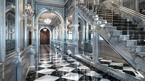 Classic luxury entrance hall with a silver veined marble staircase mirrored walls and a black and white checkerboard marble floor photo