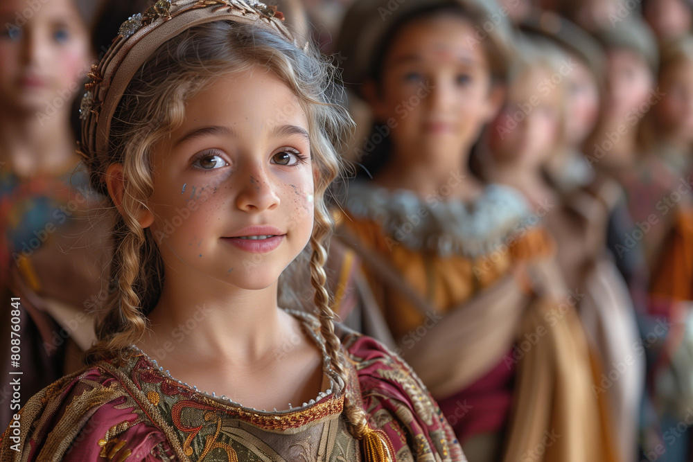 Young girls in medieval clothing preparing for a performance at the school theater