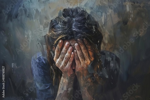distressed woman covering face with hands emotional pain sadness despair mental health digital painting © Lucija