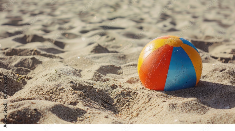 An electric blue beach ball rests on the sandy shore, adding a pop of color to the natural landscape surrounded by grass and soil. A fun fashion accessory for beach recreation AIG50