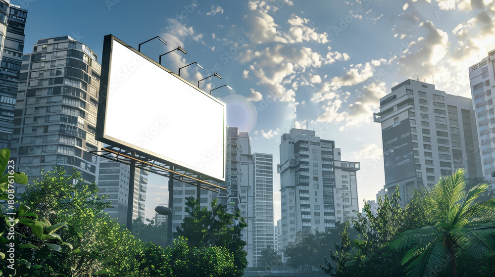 An empty billboard stands in the midst of a bustling city, waiting to display a message or advertisement. Mockup An empty billboard stands in the midst of a bustling city, waiting to display a message or advertisement. Mockup