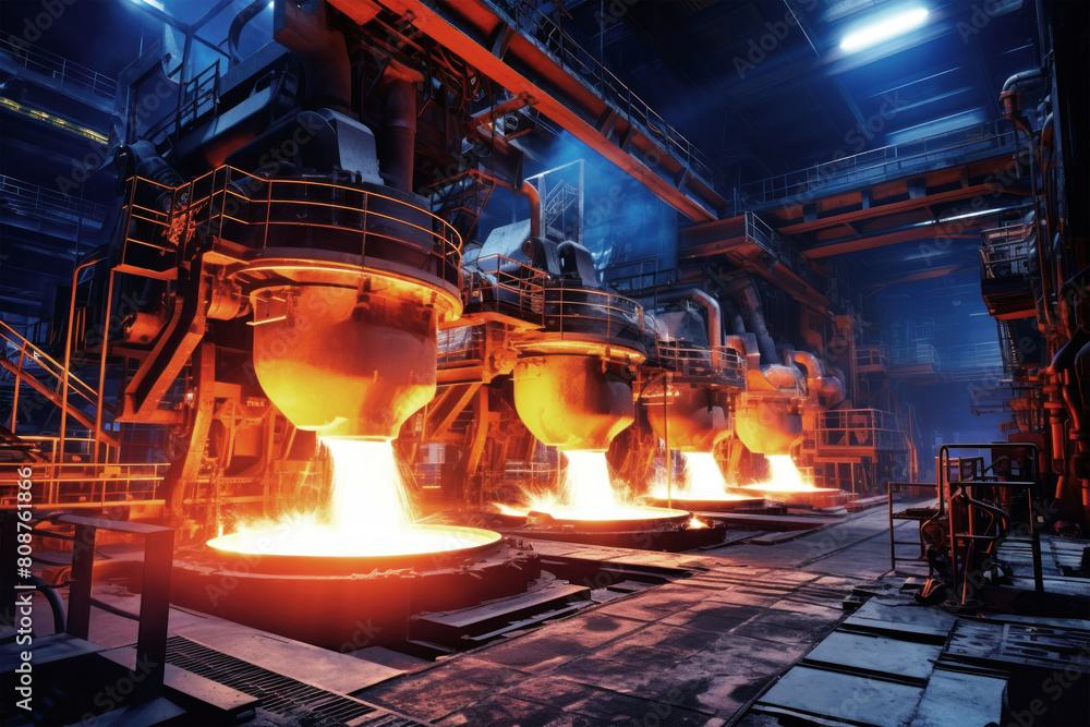 A bustling factory filled with towering stacks of steel, glowing furnaces, and busy workers shaping raw materials into finished products A bustling factory filled with towering stacks of steel, glowing furnaces, and busy workers shaping raw materials into finished products