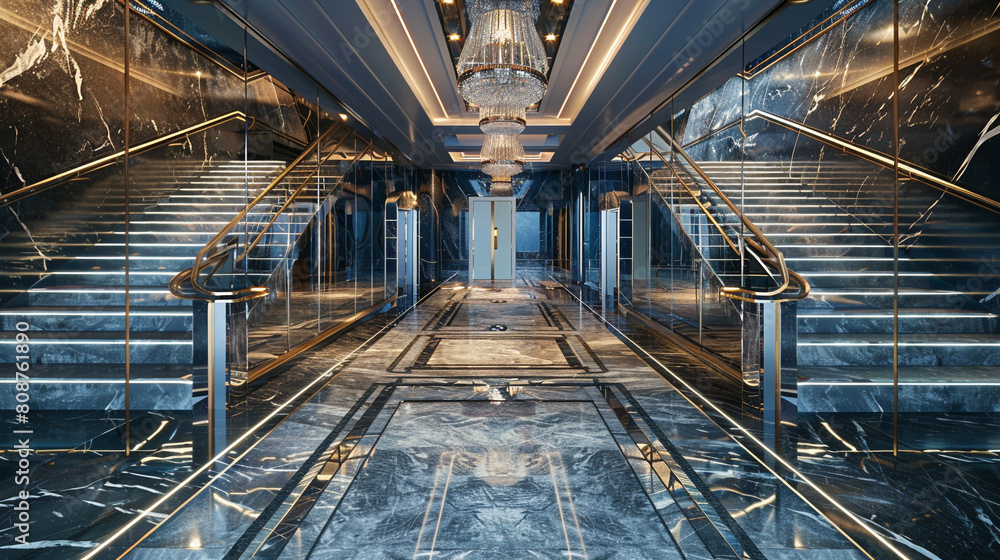 Obraz premium Glamorous entrance hall with a silver marble staircase mirrored walls and a dazzling overhead chandelier