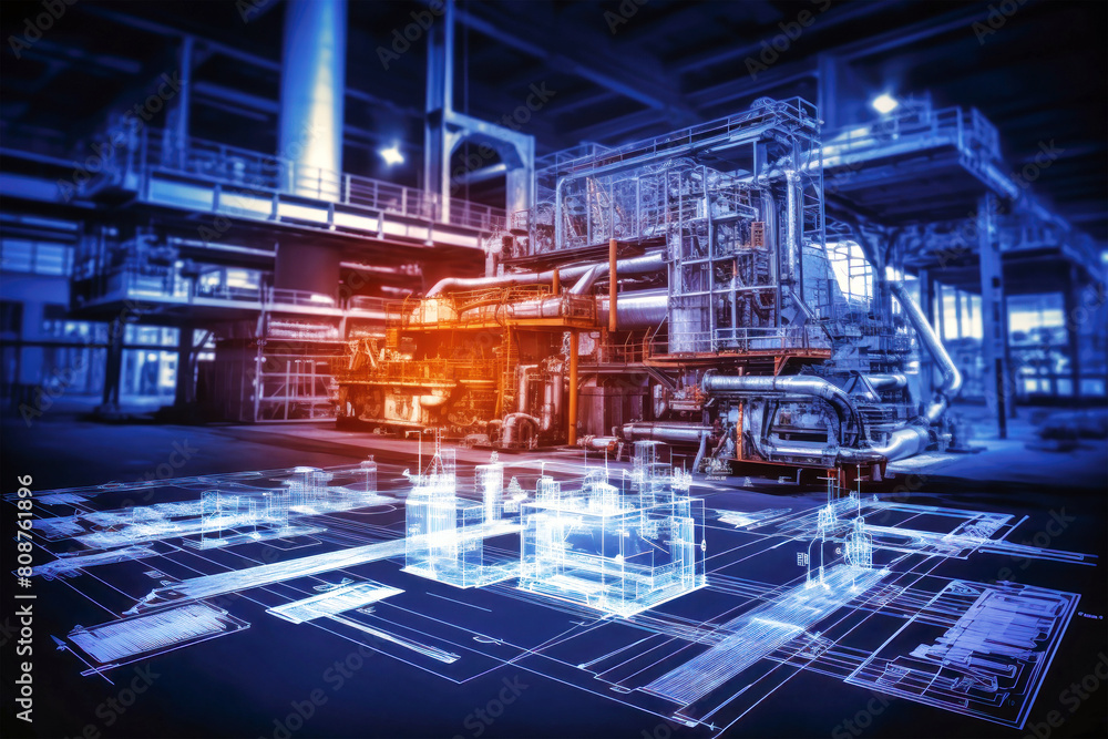 A sprawling factory filled with an array of machinery and equipment in motion, processing raw materials to create steel products A sprawling factory filled with an array of machinery and equipment in motion, processing raw materials to create steel products
