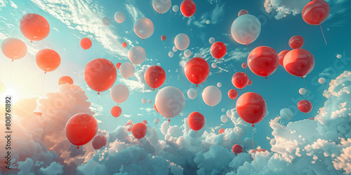 Numerous red and white balloons drifting in the sky Canada Day