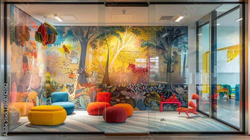 Through glass, a playroom bursts with primary colors, modular furnishings, and a mural depicting a fantasy forest. photo